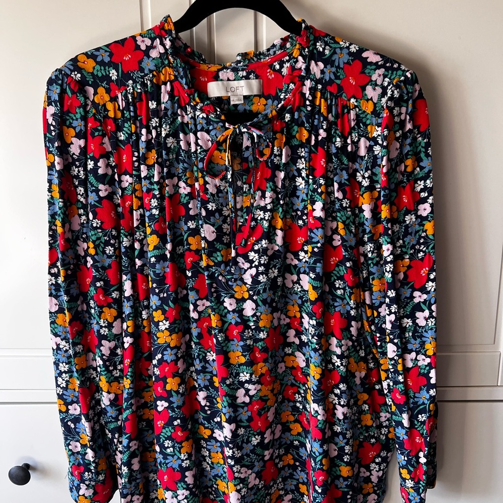 LOFT Navy Floral Tie-Neck Blouse with Red & Yellow Accents